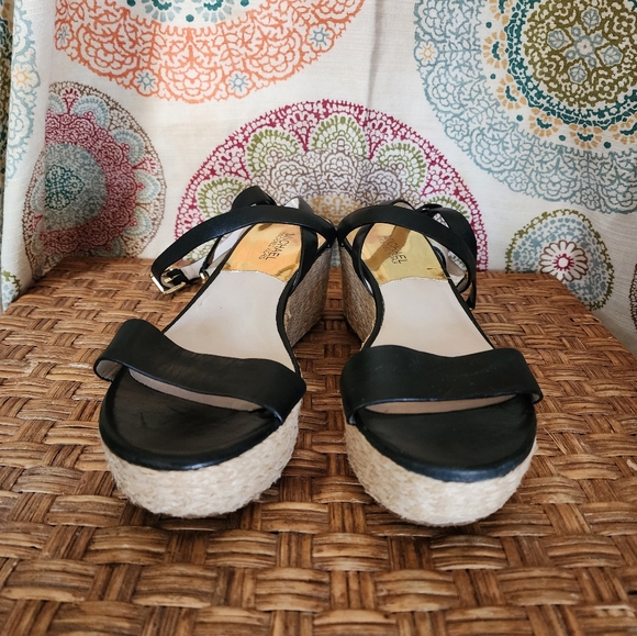 MICHAEL KORS Black Leather JALITA Jute PLATFORM Strappy MK Logo SANDALS - Picture 16 of 16